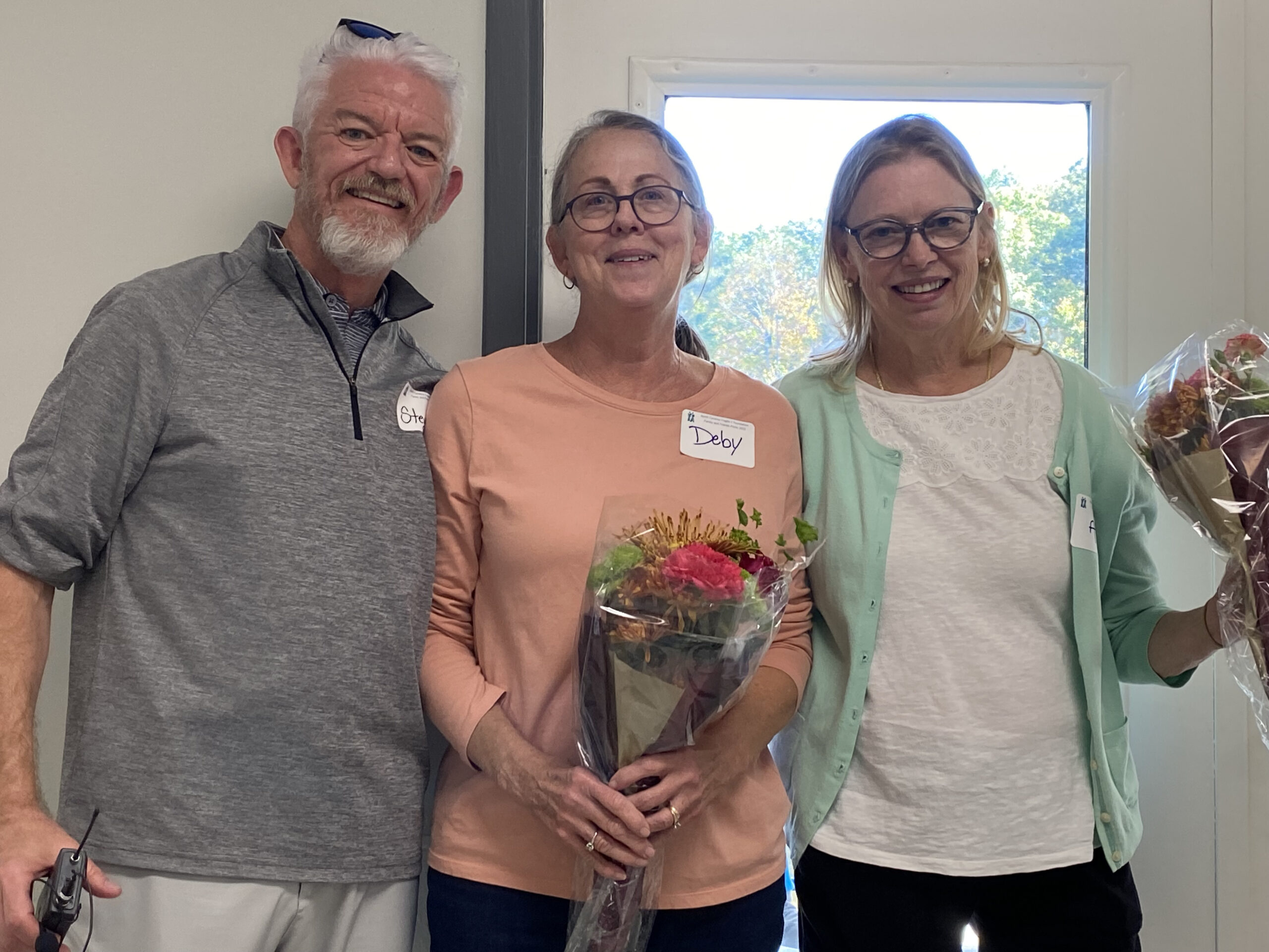 FX_Picnic_2022_Pioneers NCFXF President Steve Strom (L) thanked Deby Burgess (Center) and Dr. Ave M. Lachiewicz (R) for their many years of service to the Fragile X community.
