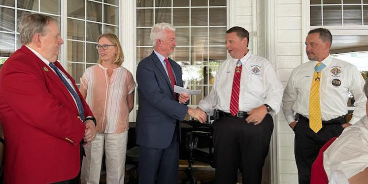 Donation presentation at luncheon (l to r) John Gouldie, LAMB Foundation President; Dr. Ave Lachiewicz, NC Fragile X Foundation Board Member; Steve Strom, NC Fragile X Foundation President; Rick Lewis, State Treasurer, NC Knights; and Chris Losack, State Deputy, NC Knights