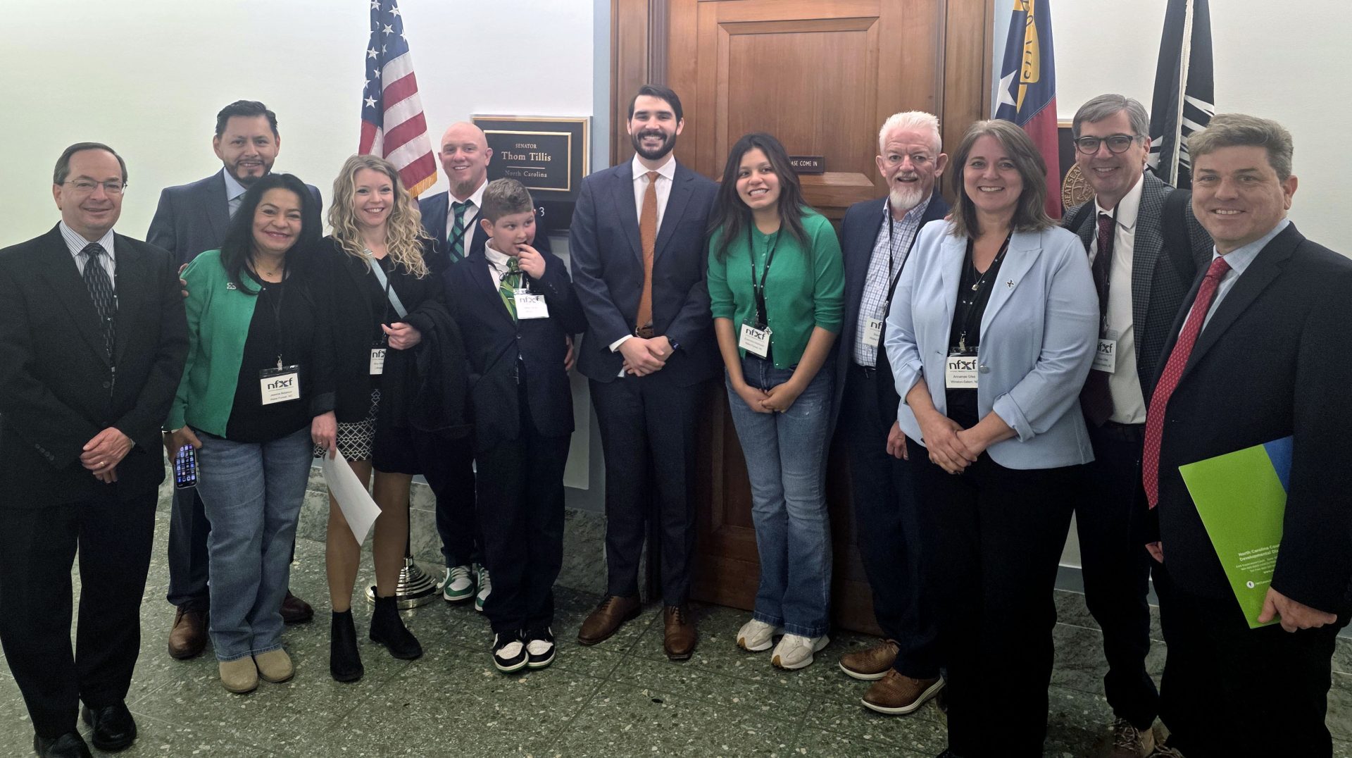 NC advocates were warmly welcomed by Garret Daniel, Health Policy Aide with Senator Thom Tillis to discuss the benefits of funding for Fragile X research for treatments and a possible cure. (L to R) Stephen O'Quinn, Juan Mollinedo, Jessica Betanco Milian, Amy Hinkleman, David & Miles Tillman, Garrett Daniel, Evemarie Mollinedo, Steve Strom, Annamae & Steve Giles & Talley Wells, NCCDD Director