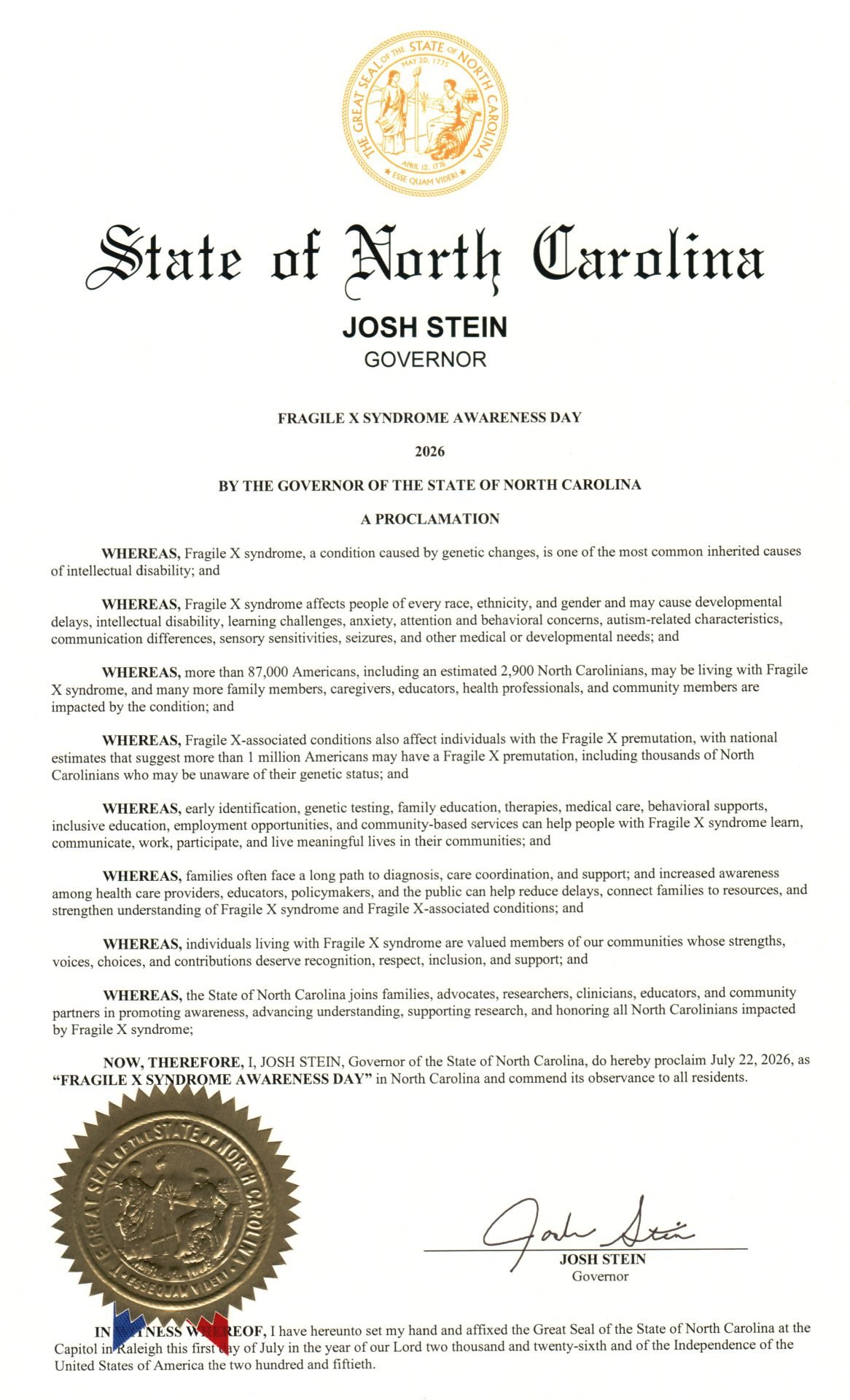 Fragile X Awareness Day 2026 Proclamation