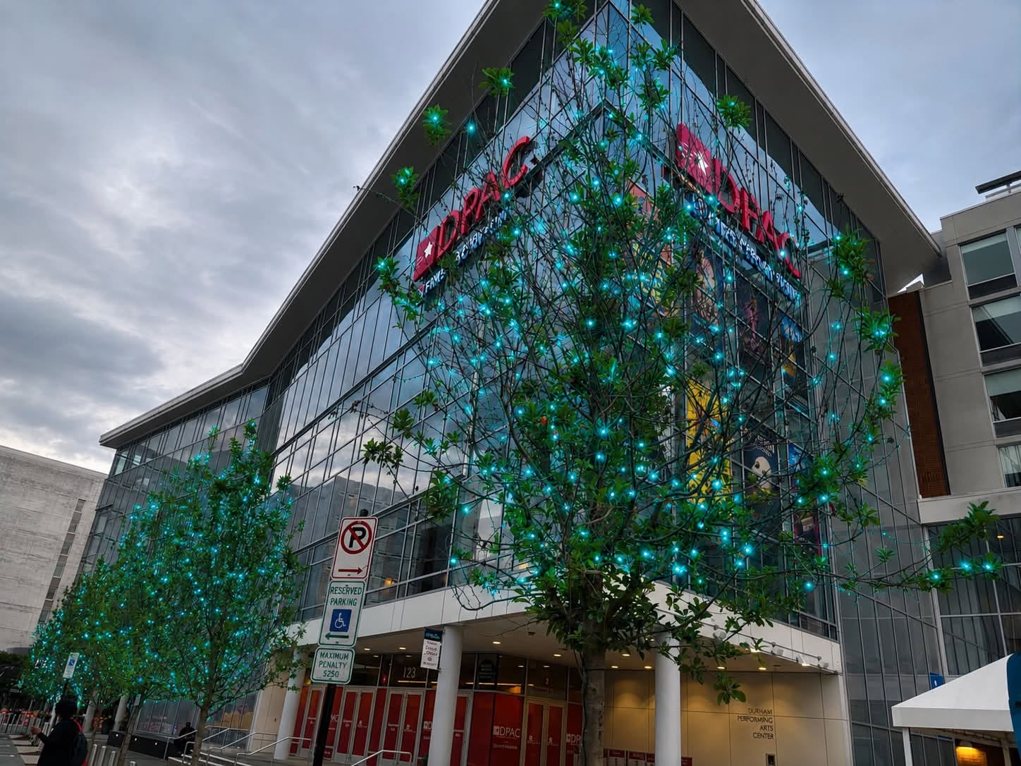 DPAC illuminated its trees in teal.